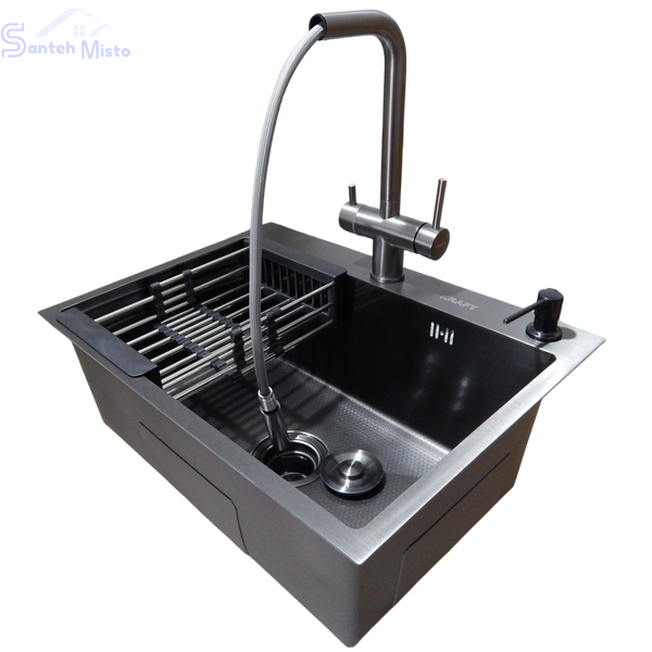 Комплект кухонной мойки Kraft NANO BLACK PVD HS60*45 (3.0/1.0 мм) декор SM60280 фото