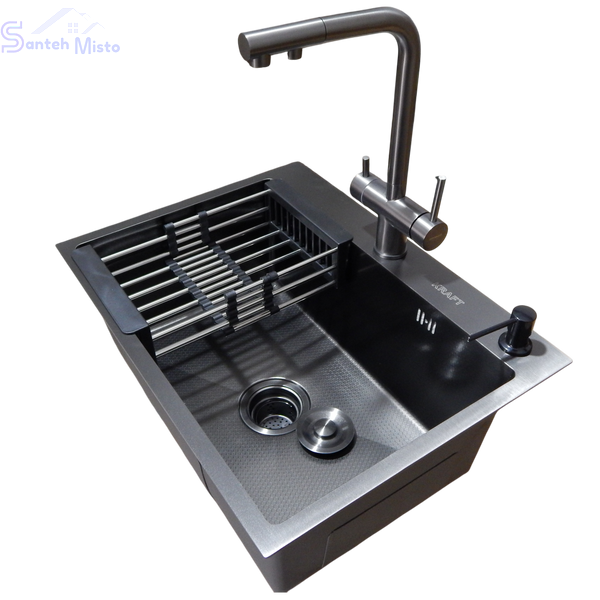 Комплект кухонной мойки Kraft NANO BLACK PVD HS60*45 (3.0/1.0 мм) декор SM60280 фото