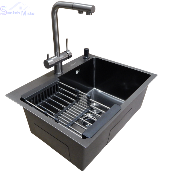 Комплект кухонной мойки Kraft NANO BLACK PVD HS60*45 (3.0/1.0 мм) декор SM60280 фото