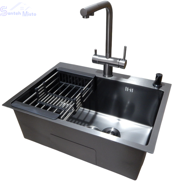 Комплект кухонной мойки Kraft NANO BLACK PVD HS60*45 (3.0/1.0 мм) декор SM60280 фото