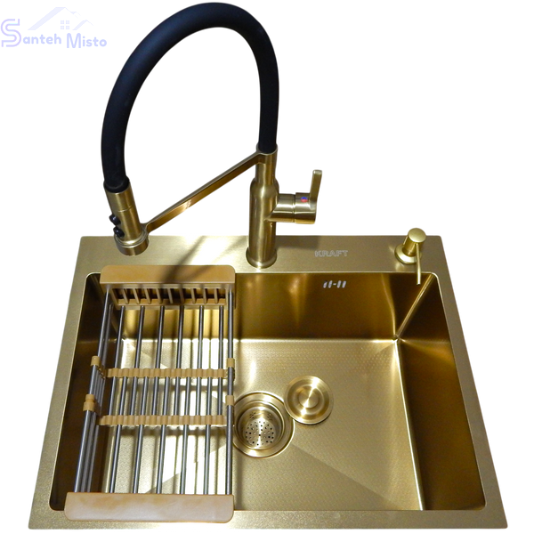 Комплект кухонной мойки Kraft NANO GOLD PVD HS 540х480 (3.0/1.0 мм) декор SM20496 фото