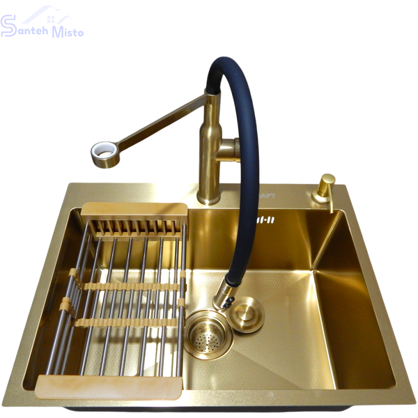 Комплект кухонной мойки Kraft NANO GOLD PVD HS 540х480 (3.0/1.0 мм) декор SM20496 фото