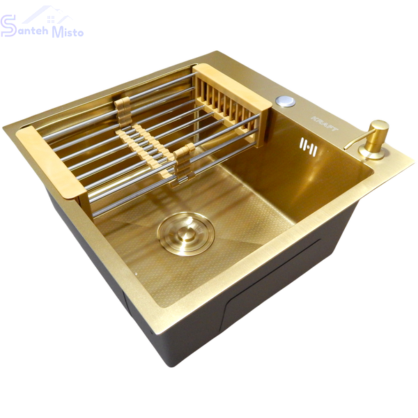 Комплект кухонной мойки Kraft NANO GOLD PVD HS 540х480 (3.0/1.0 мм) декор SM20496 фото