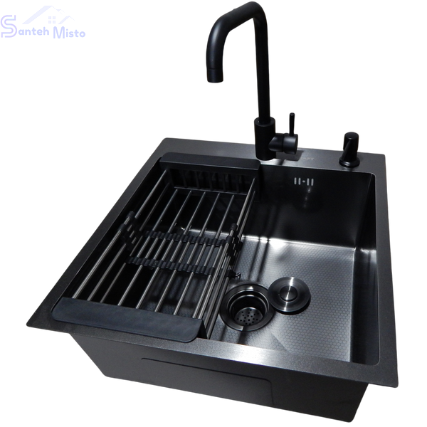Комплект кухонної мийки Kraft HM 50х50 NANO BLACK PVD (3.0/1.0 мм) декор SM6430 фото