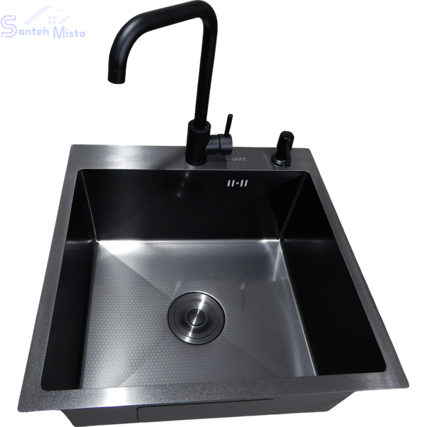 Комплект кухонної мийки Kraft HM 50х50 NANO BLACK PVD (3.0/1.0 мм) декор SM6430 фото