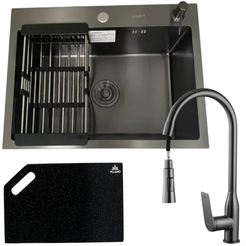 Комплект кухонної мийки Kraft NANO BLACK PVD HS60*45 (3.0/1.0 мм)+Змішувач для кухніз висувним виливом SM1833 фото