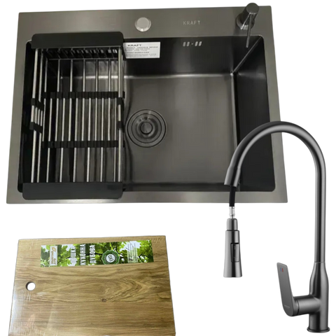 Комплект кухонної мийки Kraft NANO BLACK PVD HS60*45 (3.0/1.0 мм)+Змішувач для кухніз висувним виливом SM1833 фото