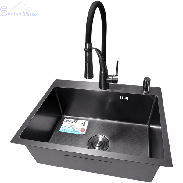 Комплект кухонной мойки Kraft NANO BLACK PVD HS 540*480 (3.0/1.0 мм) декор SM27710 фото