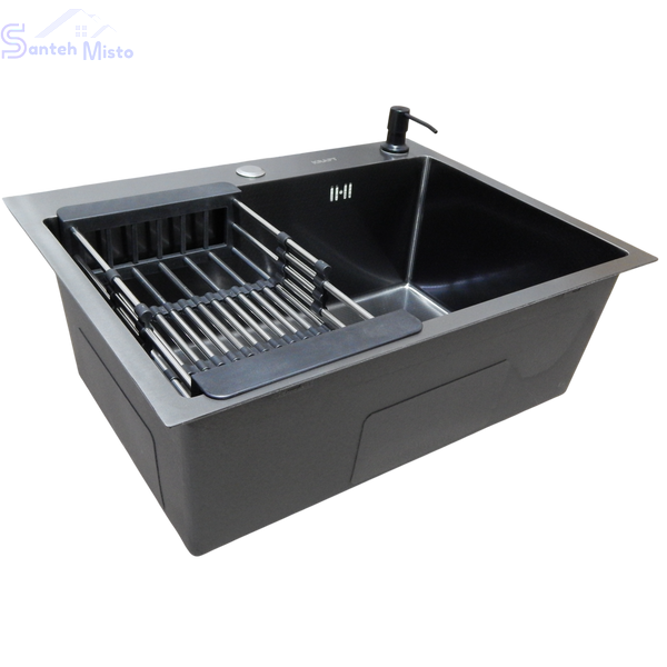 Комплект кухонної мийки Kraft NANO BLACK PVD HS60*45 (3.0/1.0 мм)+Змішувач для кухніз висувним виливом SM1833 фото