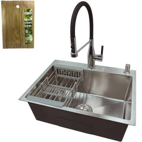 Комплект кухонной мойка Kraft KRF 600х450 decor (3.0/1.0 мм)+Кухонный смеситель Kroner KRP Ersel - C03111BLK SM15810 фото