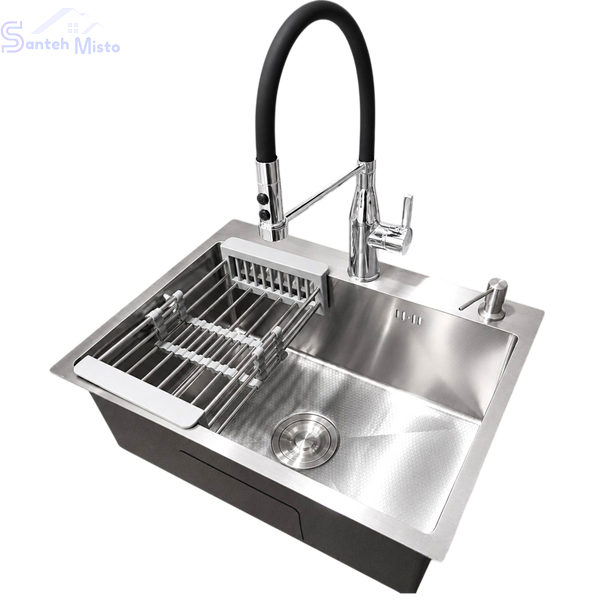 Комплект кухонной мойка Kraft KRF 600х450 decor (3.0/1.0 мм)+Кухонный смеситель Kroner KRP Ersel - C03111BLK SM15810 фото