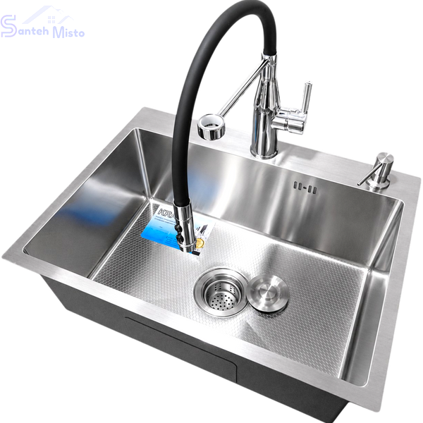 Комплект кухонной мойка Kraft KRF 600х450 decor (3.0/1.0 мм)+Кухонный смеситель Kroner KRP Ersel - C03111BLK SM15810 фото