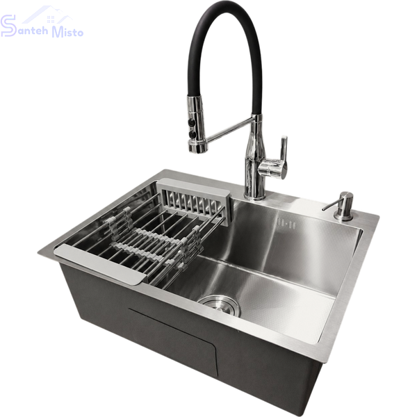 Комплект кухонной мойка Kraft KRF 600х450 decor (3.0/1.0 мм)+Кухонный смеситель Kroner KRP Ersel - C03111BLK SM15810 фото