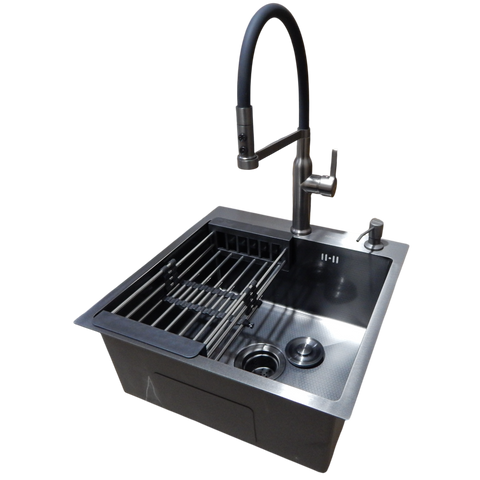 Комплект кухонной мойки Kraft NANO BLACK PVD HS50*50(3.0/1.0 мм) декор SM2100 фото