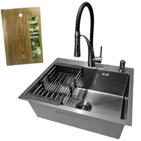 Комплект кухонной мойки Kraft NANO BLACK PVD HS60*45 Декор (3.0/1.0 мм)+Змішувач для кухні Kroner KRP Ersel - GRP03393BLK SM2310 фото