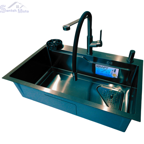 Комплект кухонной мойки Kraft HM 7546 NANO BLACK SM300 фото