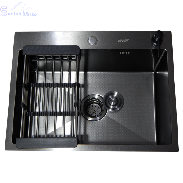 Комплект кухонной мойки Kraft NANO BLACK PVD Декор HS54*48 (3.0/1.0 мм)+Смеситель для кухни с гибким изливом Pllen&oacute; SM15080 фото