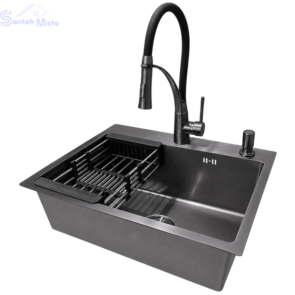 Комплект кухонной мойки Kraft NANO BLACK PVD HS60*45 Декор (3.0/1.0 мм)+Змішувач для кухні Kroner KRP Ersel - GRP03393BLK SM2310 фото