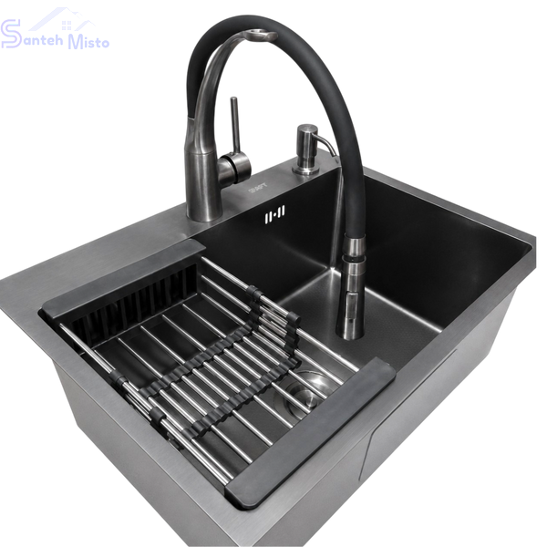Комплект кухонной мойки Kraft NANO BLACK PVD HS60*45 Декор (3.0/1.0 мм)+Змішувач для кухні Kroner KRP Ersel - GRP03393BLK SM2310 фото
