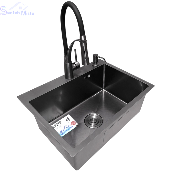 Комплект кухонной мойки Kraft NANO BLACK PVD HS60*45 Декор (3.0/1.0 мм)+Змішувач для кухні Kroner KRP Ersel - GRP03393BLK SM2310 фото