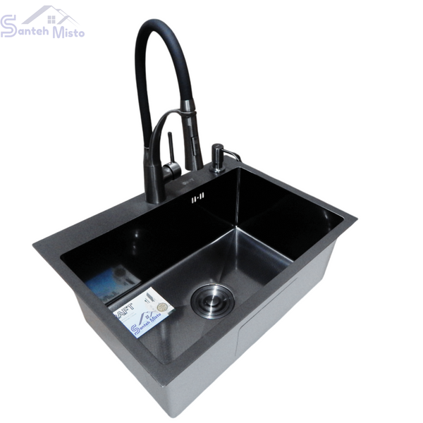 Комплект кухонної мийки Kraft NANO BLACK PVD HS60*45 (3.0/1.0 мм) декор SM2310 фото
