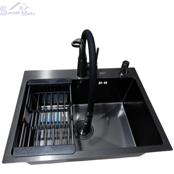 Комплект кухонної мийки Kraft NANO BLACK PVD HS60*45 (3.0/1.0 мм) декор SM2310 фото
