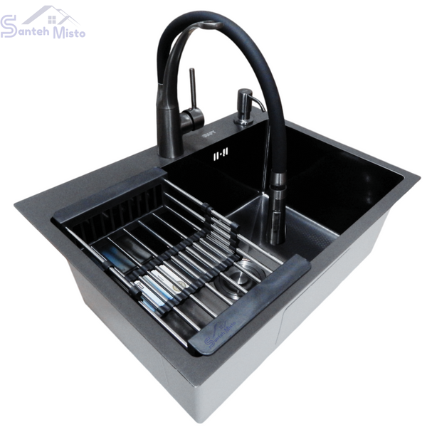 Комплект кухонної мийки Kraft NANO BLACK PVD HS60*45 (3.0/1.0 мм) декор SM2310 фото