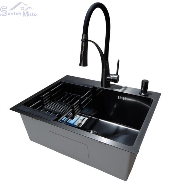 Комплект кухонної мийки Kraft NANO BLACK PVD HS60*45 (3.0/1.0 мм) декор SM2310 фото