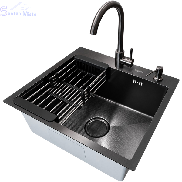 Комплект кухонной мойки KRAFT Handmade PVD графит HS54*48 (3.0/1.0 мм) декор SM0133 фото