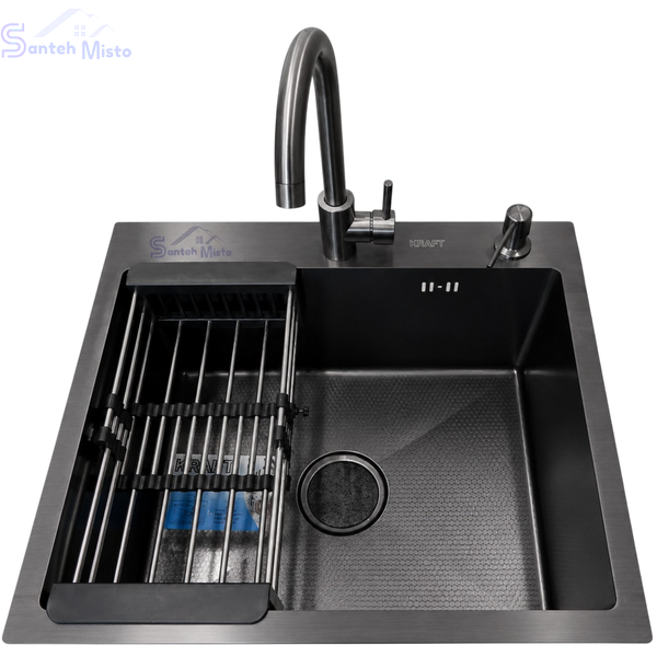 Комплект кухонной мойки KRAFT Handmade PVD графит HS54*48 (3.0/1.0 мм) декор SM0133 фото