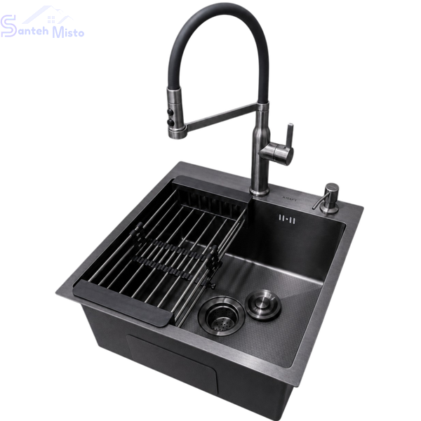 Комплект кухонной мойки Kraft NANO BLACK PVD Декор-соти HS 500х500 (3.0/1.0 мм)+Змішувач для кухні з гнучким виливом Pllen&oacute; Lazio PVD ST07 Grafite SM2100 фото