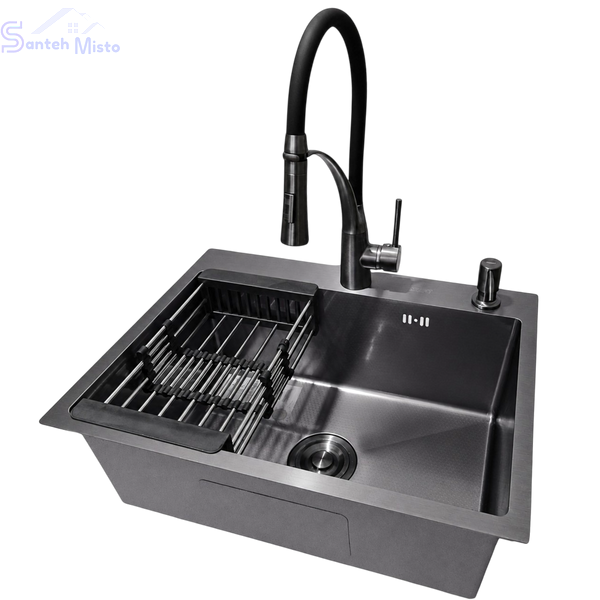 Комплект кухонної мийки Kraft NANO BLACK PVD HS60*45 Декор (3.0/1.0 мм)+Смеситель для кухни Kroner KRP Ersel &ndash; GRP03393BLK SM2310 фото