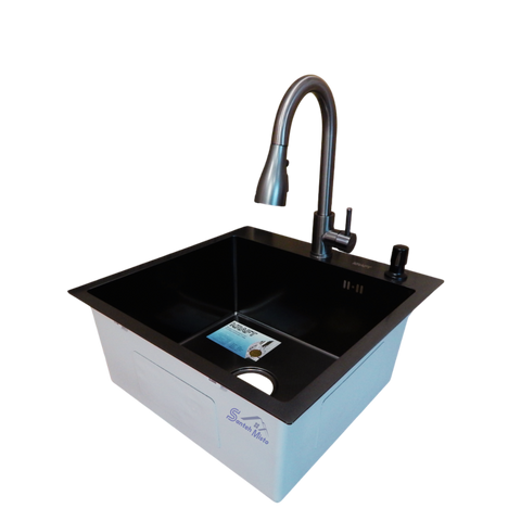 Комплект кухонной мойки Kraft HM 50х50 NANO BLACK (DECOR) PVD (3.0/1.0 мм) SМ712 фото