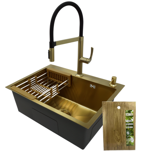 Комплект кухонної мийки Kraft NANO GOLD PVD HS60*45 (3.0/1.0 мм) декор SM50174 фото