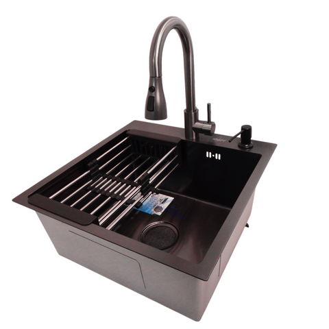 Комплект кухонной мойки Kraft HM 50х50 NANO BLACK PVD (3.0/1.0 мм) SМ2020 фото