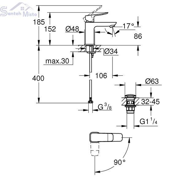 Смеситель для раковины Grohe QuickFix Dice ES S-Size 1018612430 с донным клапаном CV036204 фото