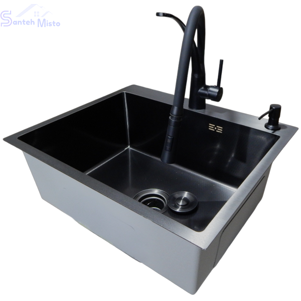 Комплект кухонної мийки Kraft NANO BLACK PVD HS60*50 Декор (3.0/1.0 мм)+Кухонний змішувач Kroner KRP Ersel - SCH03393BLK SM50495 фото