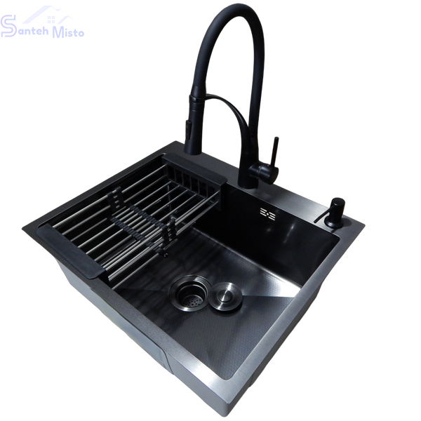 Комплект кухонної мийки Kraft NANO BLACK PVD HS60*50 Декор (3.0/1.0 мм)+Кухонний змішувач Kroner KRP Ersel - SCH03393BLK SM50495 фото