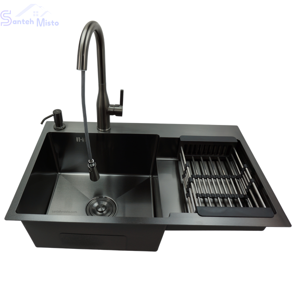 Комплект кухонної мийки Kraft NANO BLACK Handmade PVD-Графіт&nbsp;HM&nbsp;- 7848ALB&nbsp;(3.0/1.0 мм) SM2560 фото