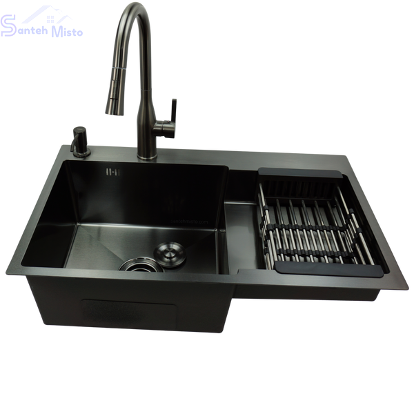 Комплект кухонної мийки Kraft NANO BLACK Handmade PVD-Графіт&nbsp;HM&nbsp;- 7848ALB&nbsp;(3.0/1.0 мм) SM2560 фото
