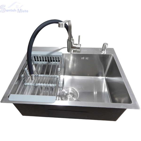 Комплект кухонной мойки Kraft HM 6045 DECOR (3.0/1.0 мм)+Смеситель для кухни Kroner KRP Edelstahl Klassisch &ndash; ESG03593BLK SM10630 фото