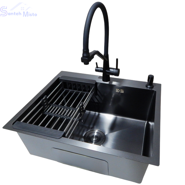 Комплект кухонной мойки Kraft NANO BLACK PVD HS60*50 Декор (3.0/1.0 мм) SM2349 фото