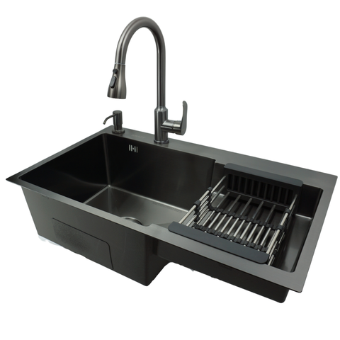 Комплект кухонної мийки Kraft HM&nbsp;NANO BLACK - 7848ALB&nbsp;PVD&nbsp;(3.0/1.0 мм)+Кухонний змішувач TH38 VALESO PVD SM25014 фото