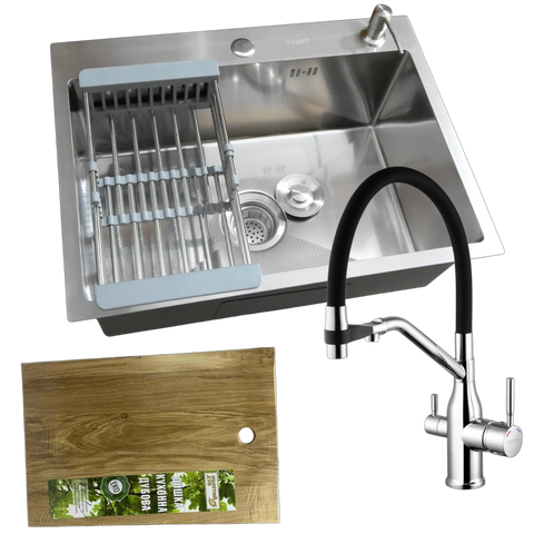 Комплект кухонної мийки Kraft KRF 540х480 DECOR (3.0/1.0 мм)+Змішувач для кухні Kroner KRP Kuche - C03816BLK (хром) SM4501 фото