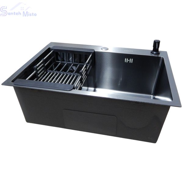 Комплект кухонної мийки Kraft NANO BLACK PVD Декор HS60*45 (3.0/1.0 мм)+Змішувач для кухні з висувним шлангом SM8022 фото