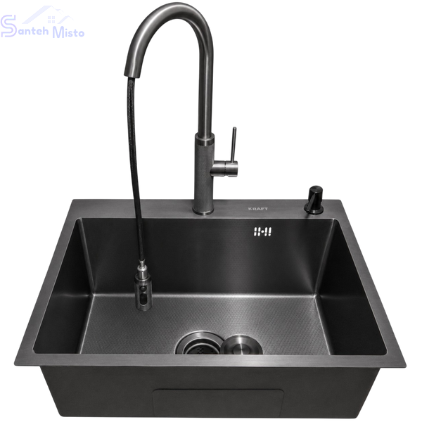 Комплект кухонної мийки Kraft NANO BLACK PVD Декор HS60*45 (3.0/1.0 мм)+Змішувач для кухні з висувним шлангом SM8022 фото
