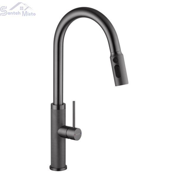 Комплект кухонної мийки Kraft NANO BLACK PVD Декор HS60*45 (3.0/1.0 мм)+Змішувач для кухні з висувним шлангом SM8022 фото