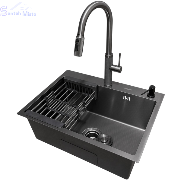 Комплект кухонної мийки Kraft NANO BLACK PVD Декор HS60*45 (3.0/1.0 мм)+Змішувач для кухні з висувним шлангом SM8022 фото