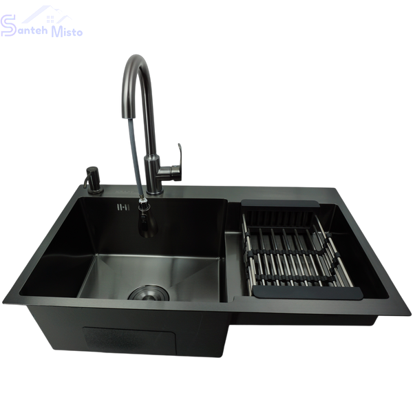 Комплект кухонної мийки Kraft HM&nbsp;NANO BLACK - 7848ALB&nbsp;PVD&nbsp;(3.0/1.0 мм)+Кухонний змішувач TH38 VALESO PVD SM25014 фото