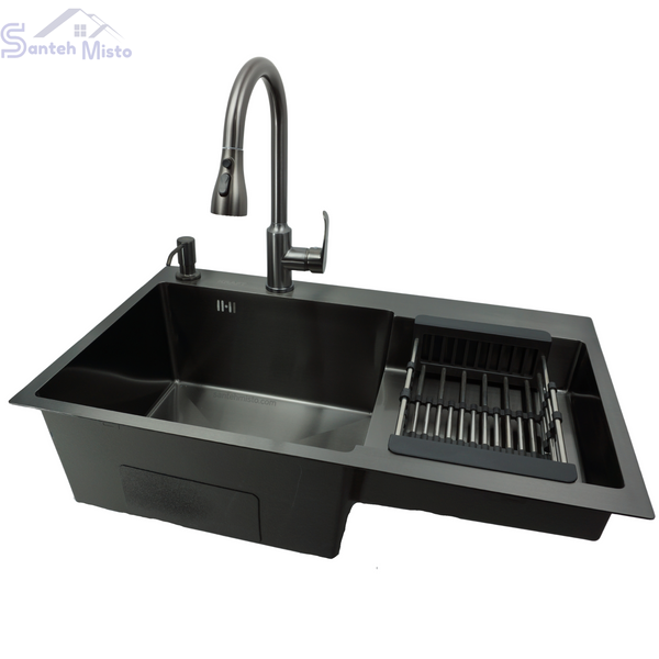 Комплект кухонної мийки Kraft HM&nbsp;NANO BLACK - 7848ALB&nbsp;PVD&nbsp;(3.0/1.0 мм)+Кухонний змішувач TH38 VALESO PVD SM25014 фото